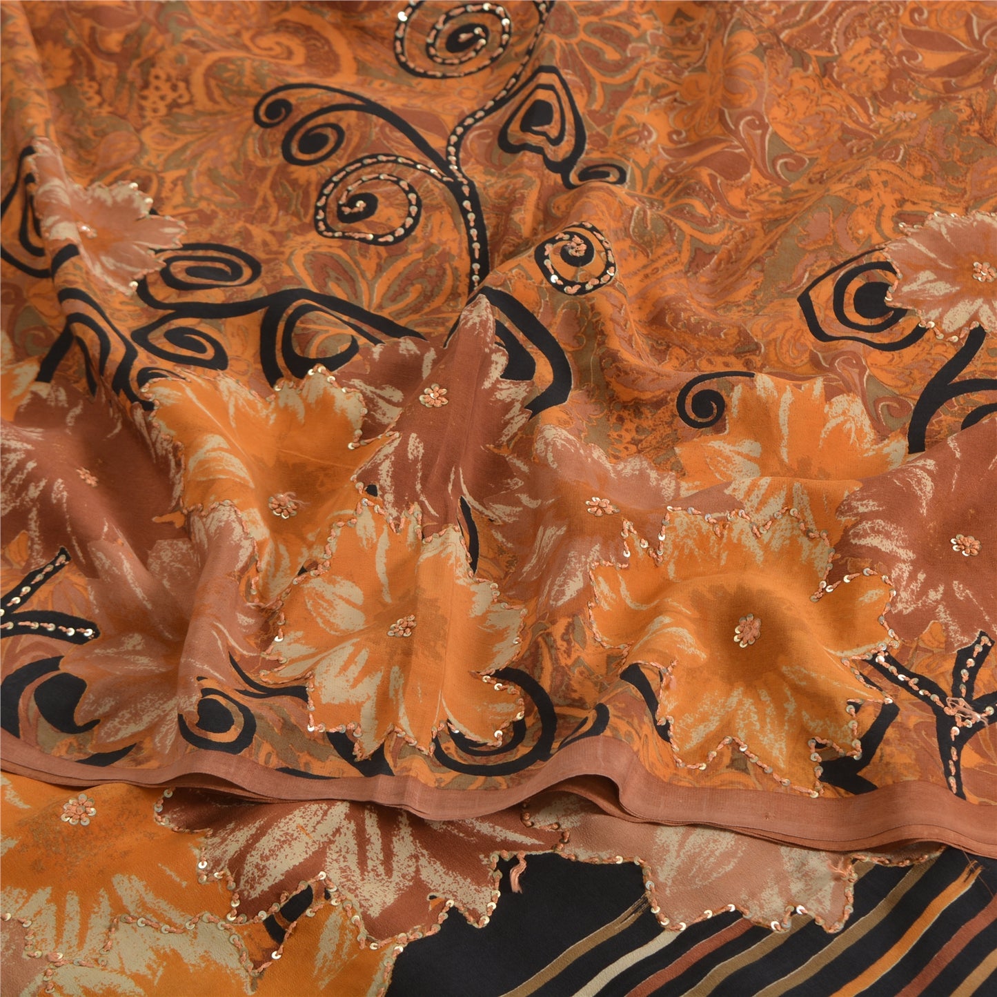 Sanskriti Vintage Sarees Saffron Embroidered Pure Crepe Printed Sari 5yd Sustainable Fabric