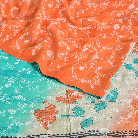 Sanskriti Vintage Sarees Multi Pure Crepe Silk Printed Sari 5yd Craft Sustainable Fabric