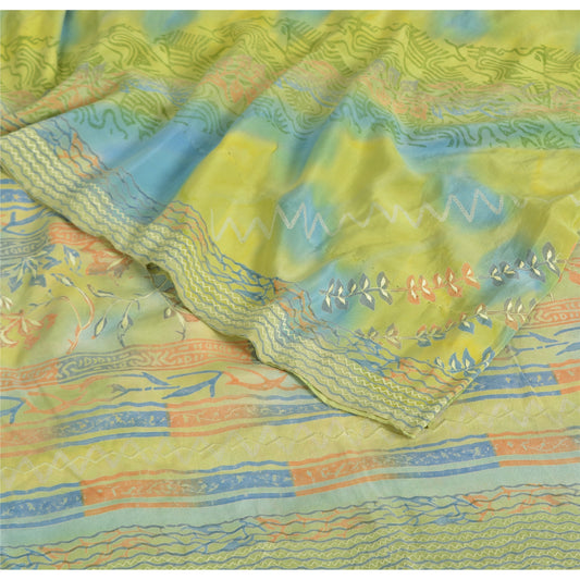 Sanskriti Vintage Sarees Green Pure Crepe Silk Printed Sari Floral Craft Sustainable Fabric