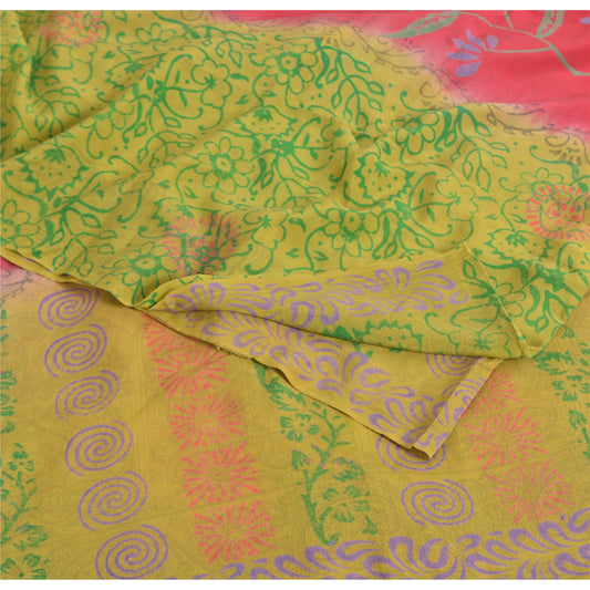 Sanskriti Vintage Sarees Grøn/Pink Ren Crepe Silke Trykt Sari Håndværk Bæredygtigt Stoff
