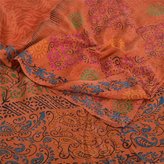 Sanskriti Vintage Sarees Rusty Orange 100% Pure Crepe Silk Printed Sari Sustainable Fabric