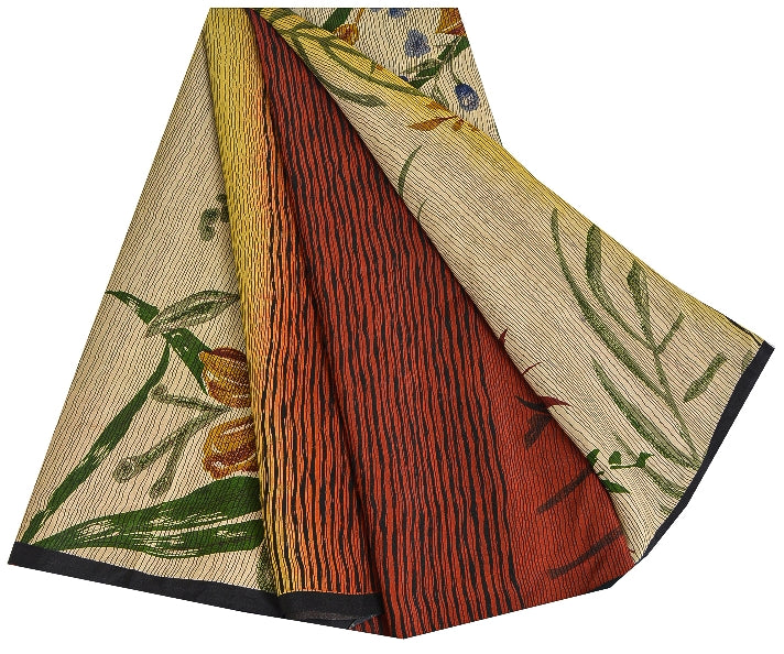 Sanskriti Vintage Sarees Pure Crepe Silk Cream/Orange Printed Sari 5yd Sustainable Fabric