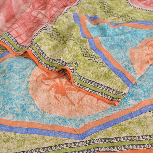 Sanskriti Vintage Sarees Red 100% Pure Crepe Silk Printed Sari 5yd Craft Sustainable Fabric