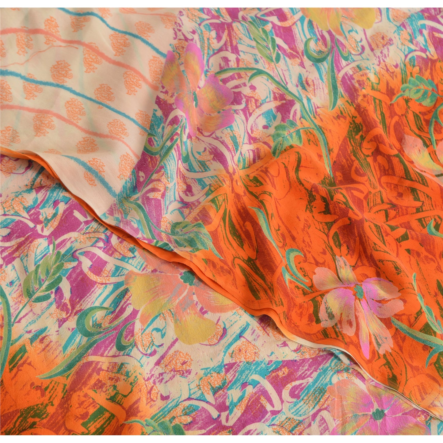 Sanskriti Vintage Sarees Ivory/Orange Pure Crepe Silk Printed Sari Craft Sustainable Fabric