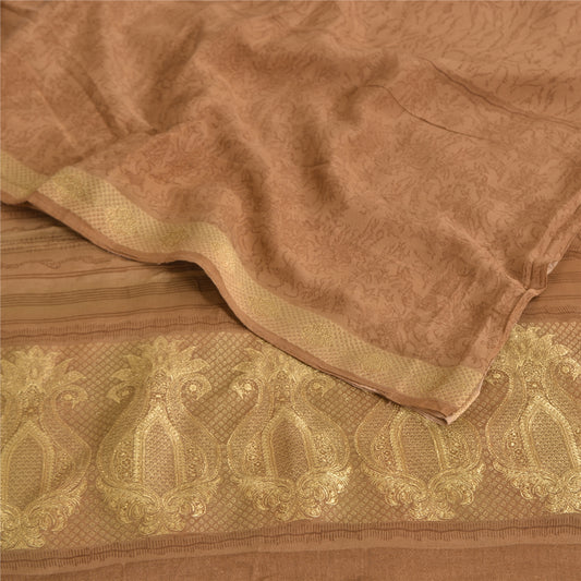 Sanskriti Vintage Sarees Peach Pure Crepe Silk Print Woven Border Sari Sustainable Fabric