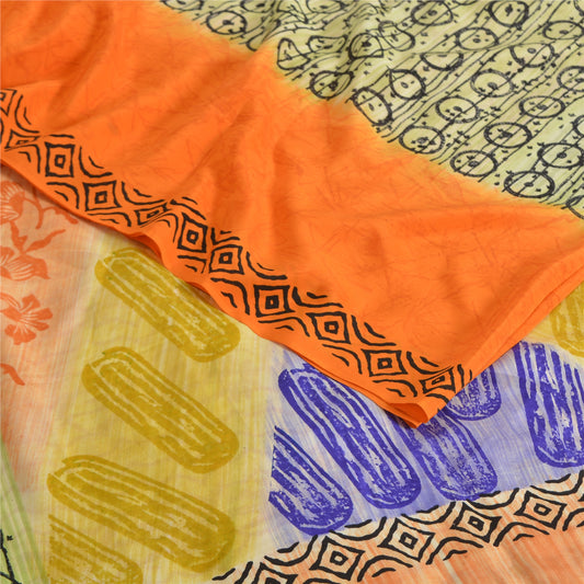 Sanskriti Vintage Sarees Multicolor Pure Crepe Silk Print Sari 5yd Craft Sustainable Fabric