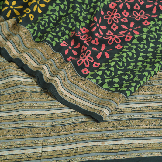 Sanskriti Vintage Sarees Black 100%Pure Crepe Silk Printed Sari 5yd Craft Sustainable Fabric