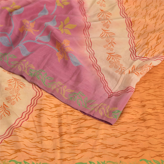 Sanskriti Vintage Sarees Saffron/Pink Pure Crepe Silk Printed Sari 5yd Sustainable Fabric