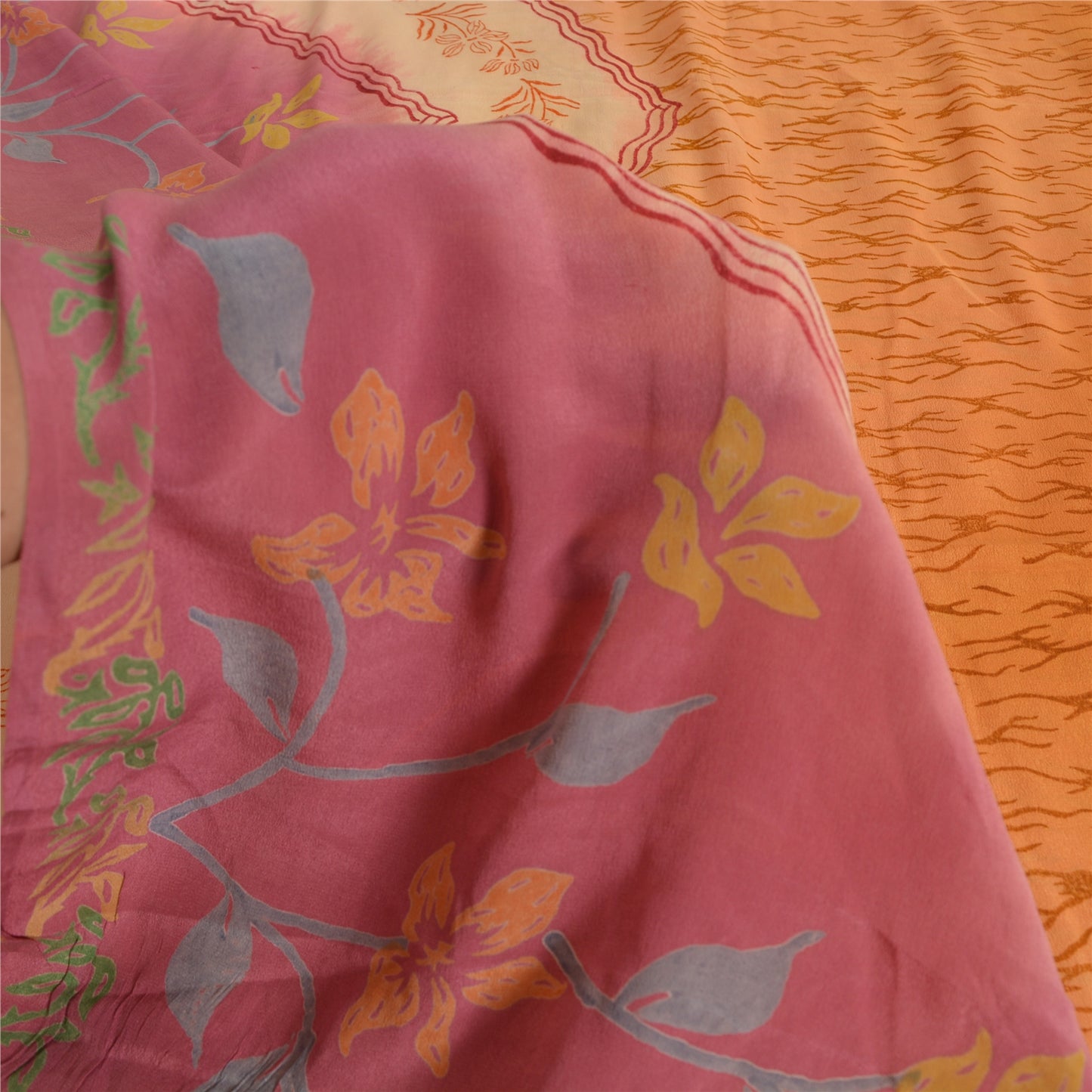 Sanskriti Vintage Sarees Saffron/Pink Pure Crepe Silk Printed Sari 5yd Sustainable Fabric