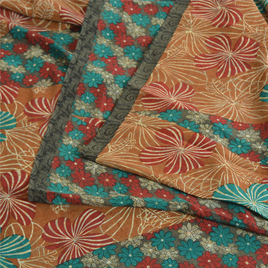 Sanskriti Vintage Sarees Multi Pure Crepe Silk Printed Sari 5yd Craft Sustainable Fabric