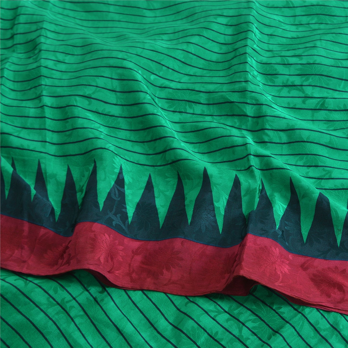 Sanskriti Vintage Sarees Green Pure Crepe Silk Printed Self Sari Craft Sustainable Fabric