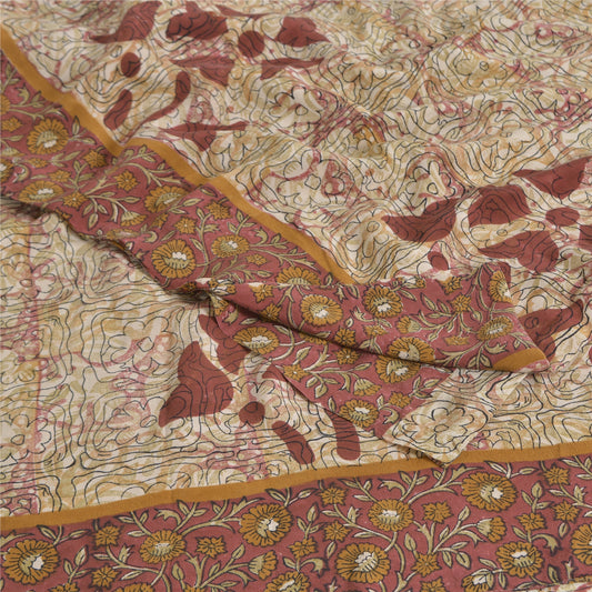 Sanskriti Vintage Sarees Ivory 100%Pure Crepe Silk Printed Sari 5yd Craft Sustainable Fabric