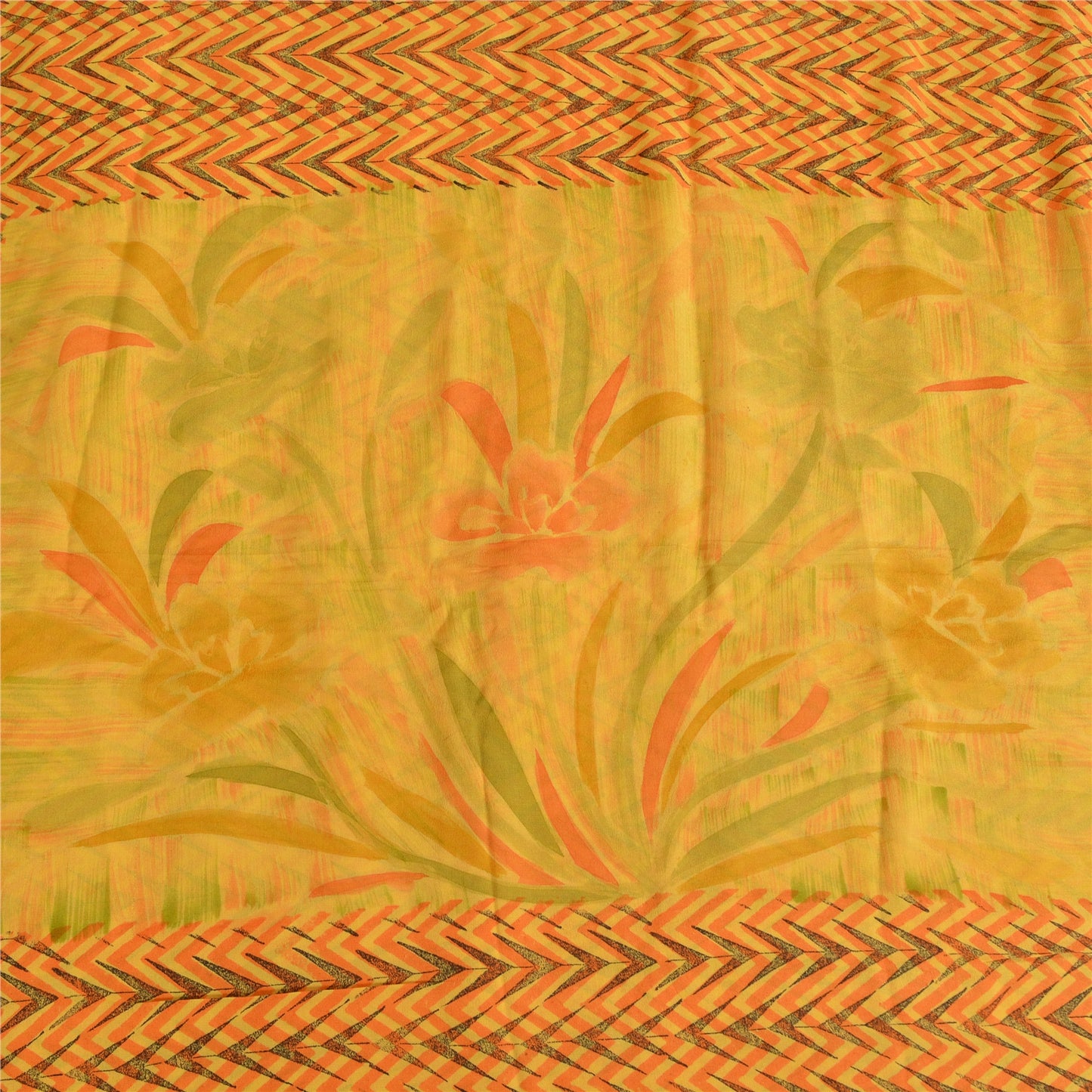 Sanskriti Vintage Sarees Yellow Pure Crepe Silk Printed Sari 5yd Craft Sustainable Fabric