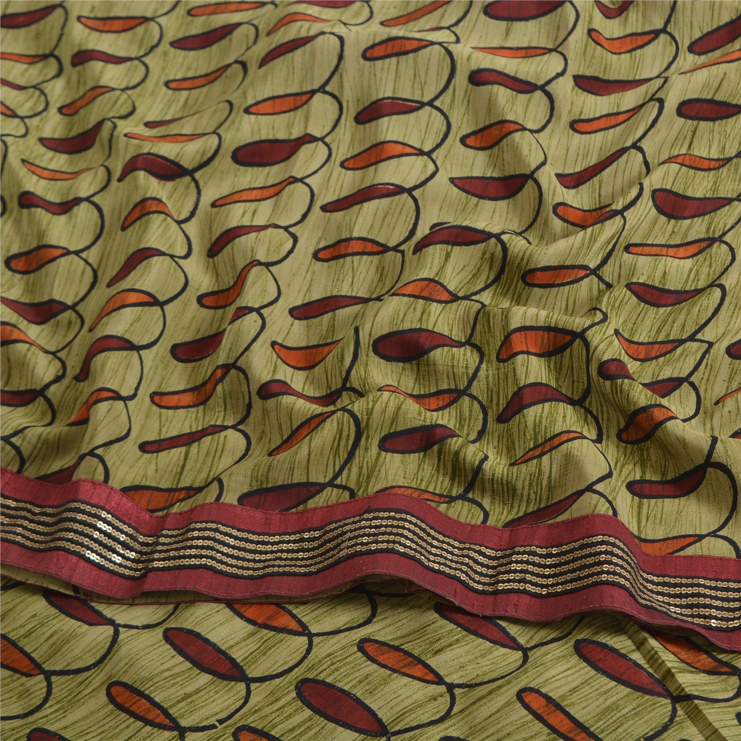 Sanskriti Vintage Sarees Grøn Ren Crepe Silke Trykt/Bæredygtigt Stof Patch Sari Bæredygtigt Stof