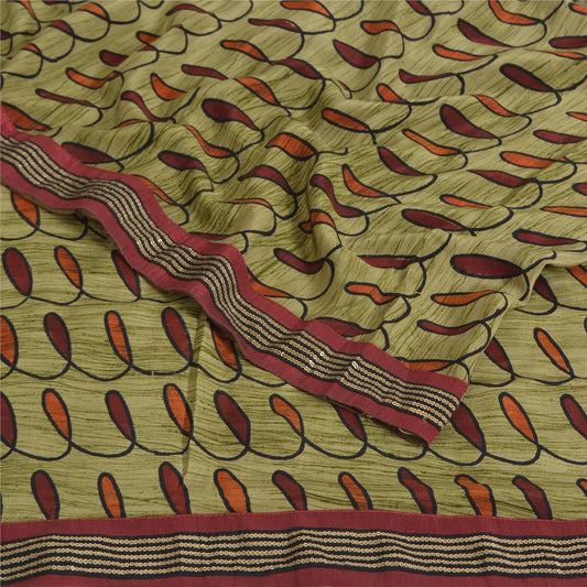 Sanskriti Vintage Sarees Green Pure Crepe Silk Printed/Sustainable Fabric Patch Sari Sustainable Fabric
