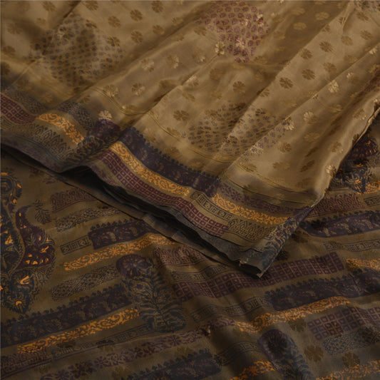 Sanskriti Vintage Sarees Brown Pure Crepe Silk Print/Woven Sari 6yd Sustainable Fabric