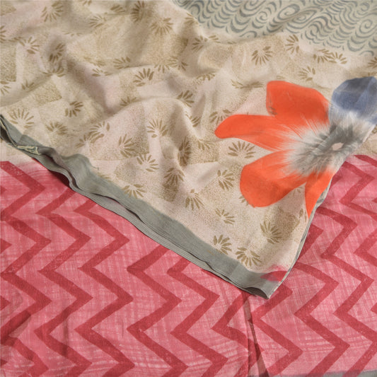 Sanskriti Vintage Sarees Light Gray Pure Crepe Silk Print Sari 5yd Craft Sustainable Fabric