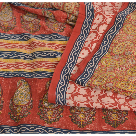 Sanskriti Vintage Sarees Red 100% Pure Crepe Silk Printed Sari 5yd Craft Sustainable Fabric