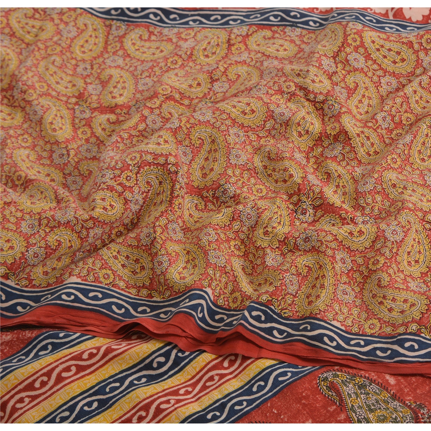 Sanskriti Vintage Sarees Red 100% Pure Crepe Silk Printed Sari 5yd Craft Sustainable Fabric