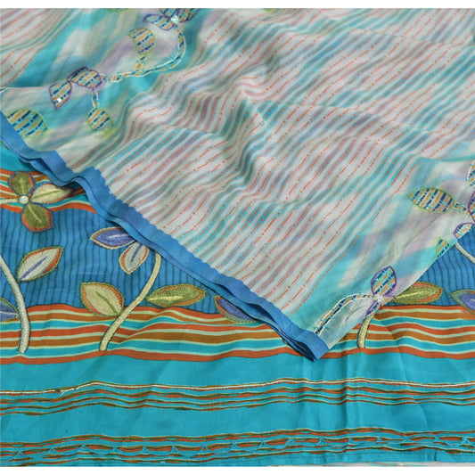 Sanskriti Vintage Sarees Ivory Pure Crepe Silk Printed Sari 5yd Craft Sustainable Fabric