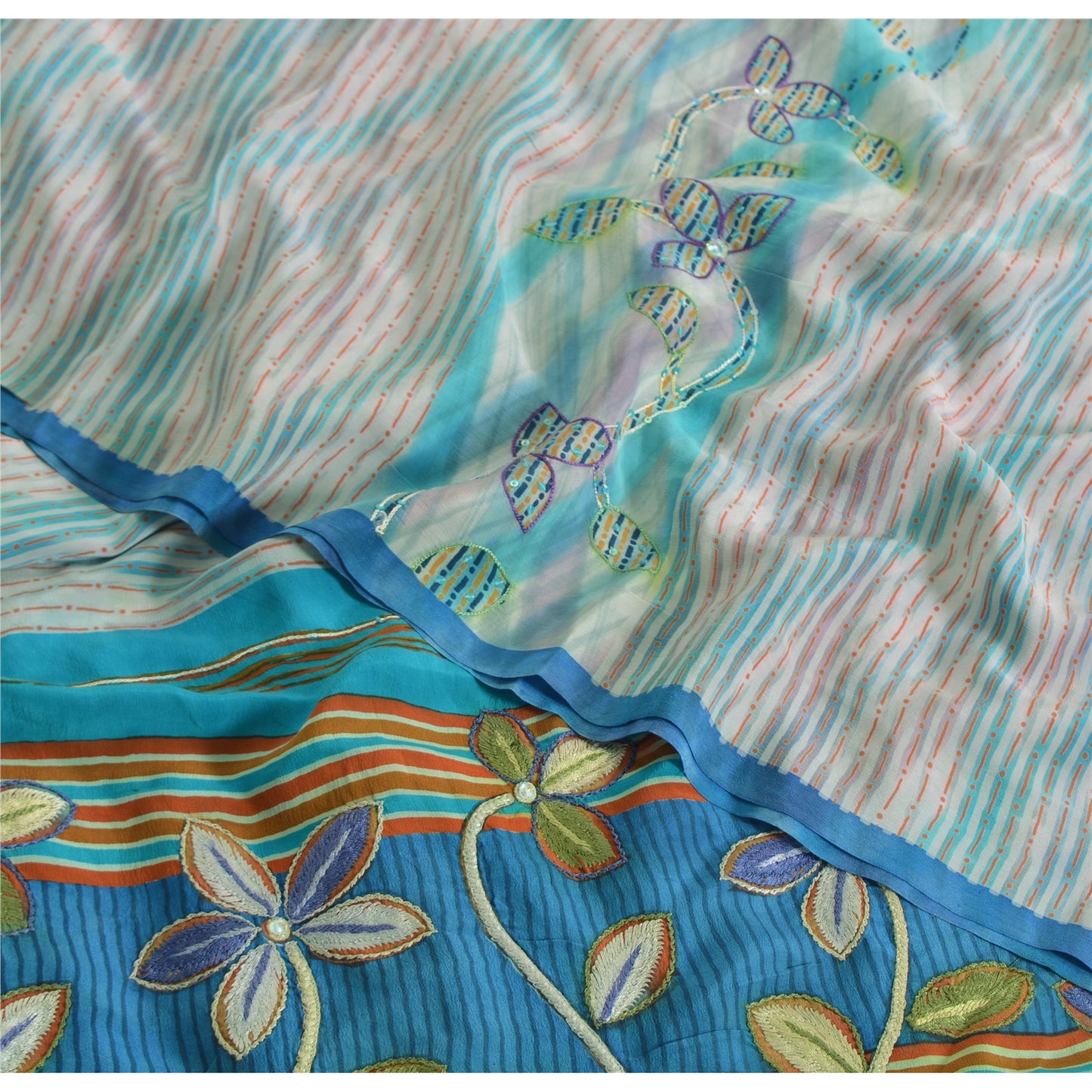 Сари Sanskriti Vintage Sarees Ivory Pure Crepe Silk Printed Sari 5yd Craft Sustainable Fabric