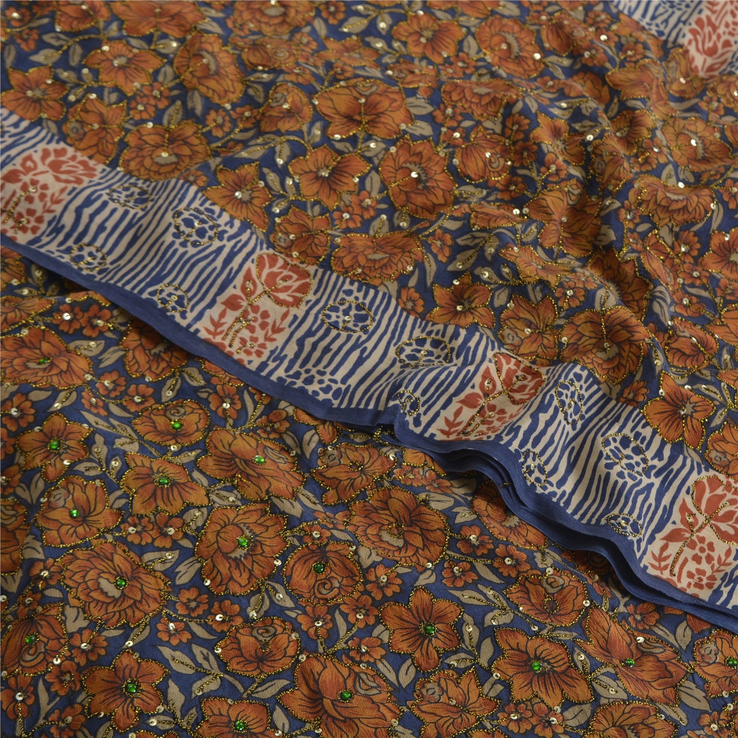 Sanskriti Vintage Sarees Blue 100% Pure Crepe Silk Printed Sari 5yd Craft Sustainable Fabric