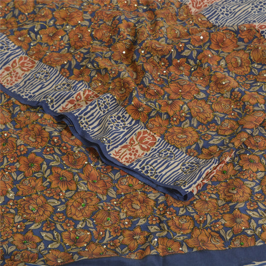 Sanskriti Vintage Sarees Blue 100% Pure Crepe Silk Printed Sari 5yd Craft Sustainable Fabric