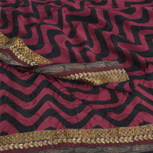 Sanskriti Vintage Sarees Purple/Black Pure Crepe Silk Print Lace WorkSari Sustainable Fabric