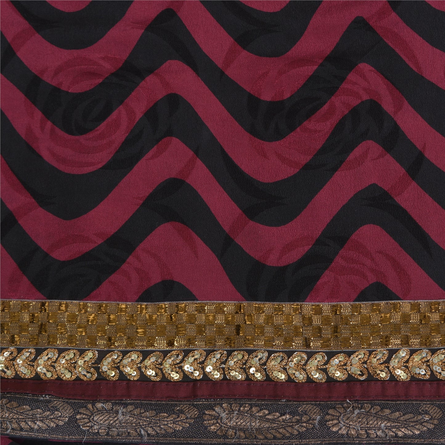 Sanskriti Vintage Sarees Purple/Black Pure Crepe Silk Print Lace WorkSari Sustainable Fabric