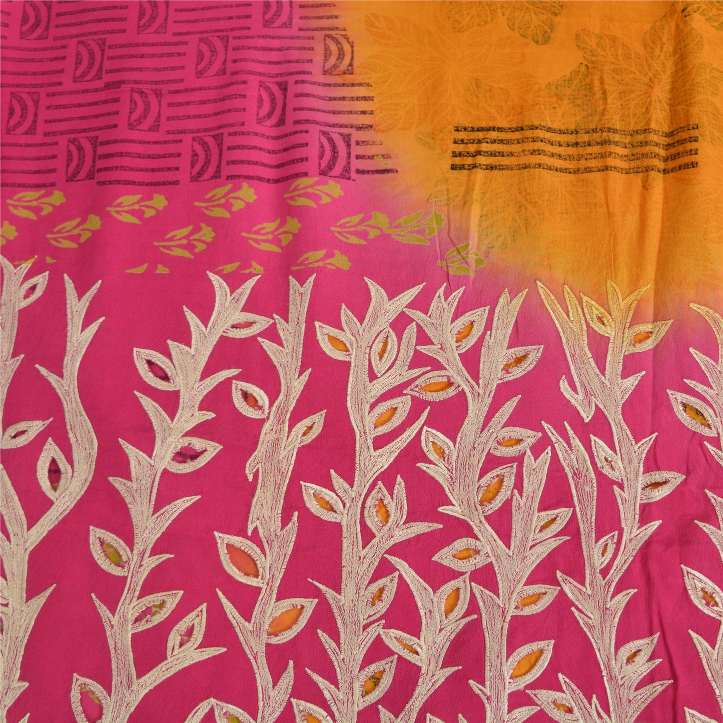 Sanskriti Vintage Sarees Yellow/Pink Pure Crepe Silk Print Sari 5yd Craft Sustainable Fabric