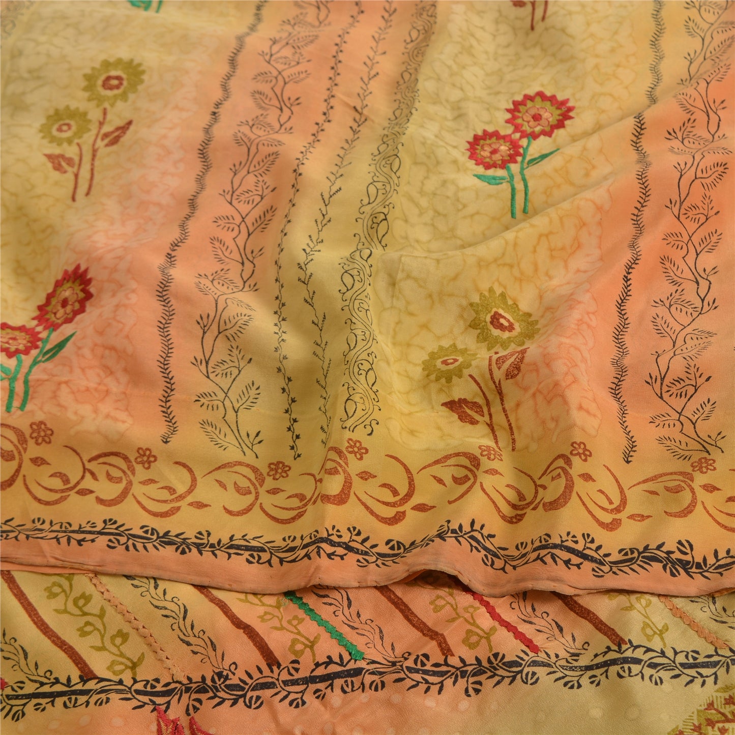 Sanskriti Vintage Sarees Green/Pink Pure Crepe Silk Print Sari 5yd Craft Sustainable Fabric