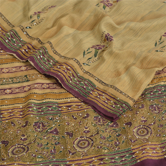 Sanskriti Vintage Sarees Cream Hand Beaded Kantha Pure Crepe Printed Sari Sustainable Fabric