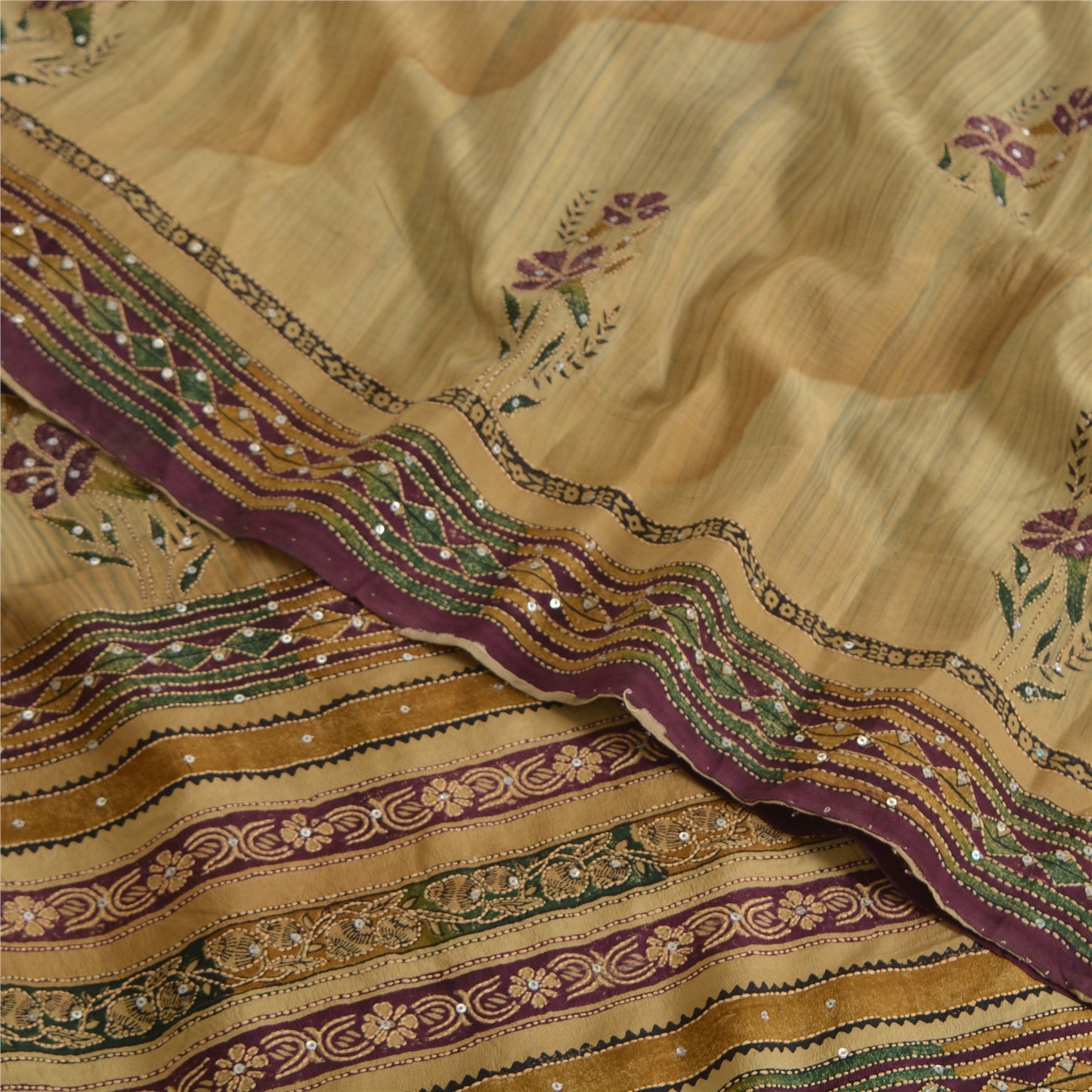 Sanskriti Vintage Sarees Cream Hand Beaded Kantha Pure Crepe Printed Sari Sustainable Fabric