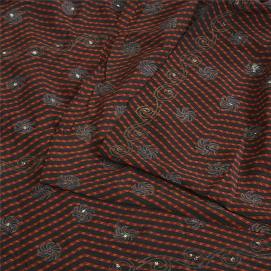 Sanskriti Vintage Sarees Black Pure Crepe Printed Sparkles Sari 5yd Craft Sustainable Fabric