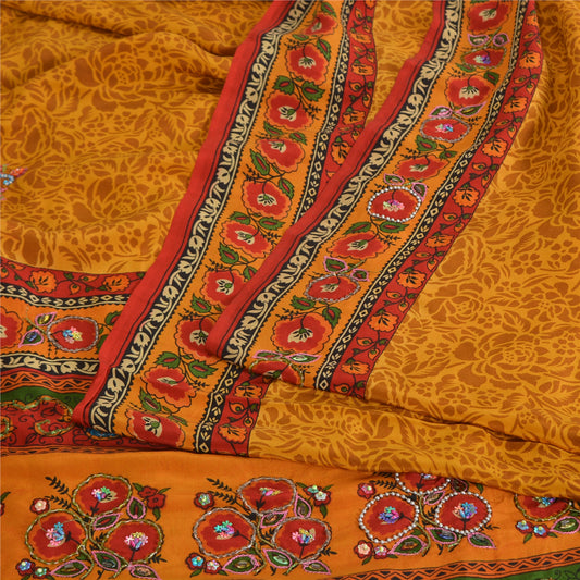 Sanskriti Vintage Sarees Yellow Pure Crepe Print Hand Bead Sari 5yd Craft Sustainable Fabric