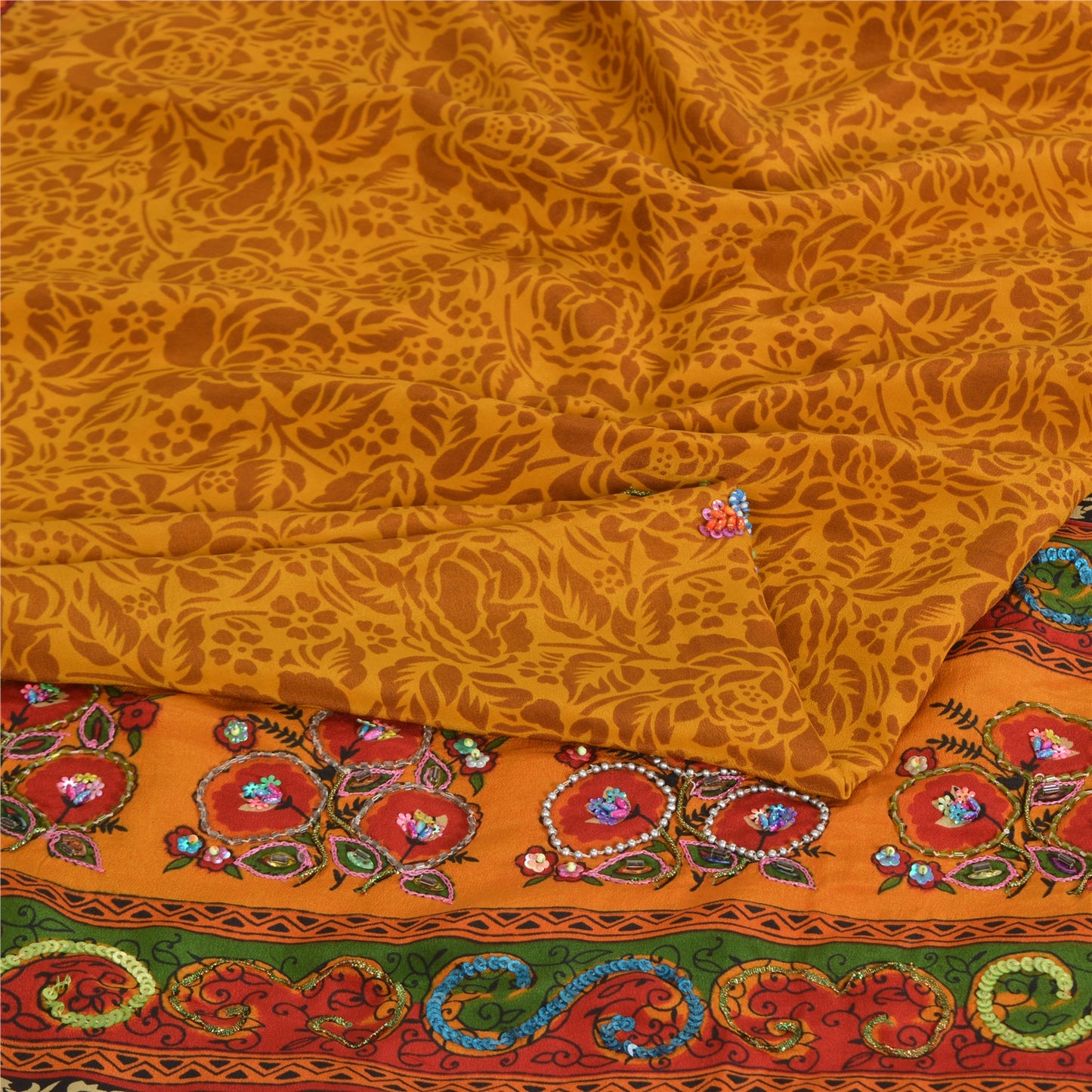 Sanskriti Vintage Sarees Yellow Pure Crepe Print Hand Bead Sari 5yd Craft Sustainable Fabric