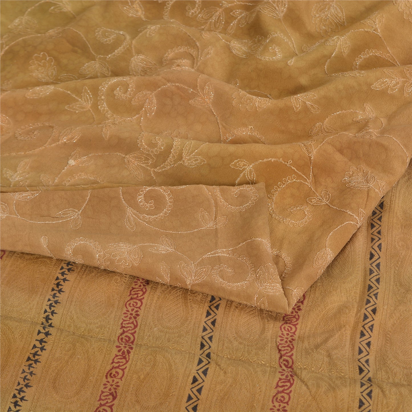 Санскритские винтажные сари из чистого коричневого крепированного шелка с вышивкой и принтом, устойчивая ткань для сари