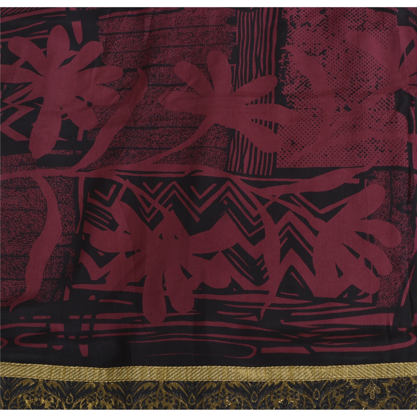 Sanskriti Vintage Sarees Purple/Black Pure Crepe Print Sari 5yd Craft Sustainable Fabric