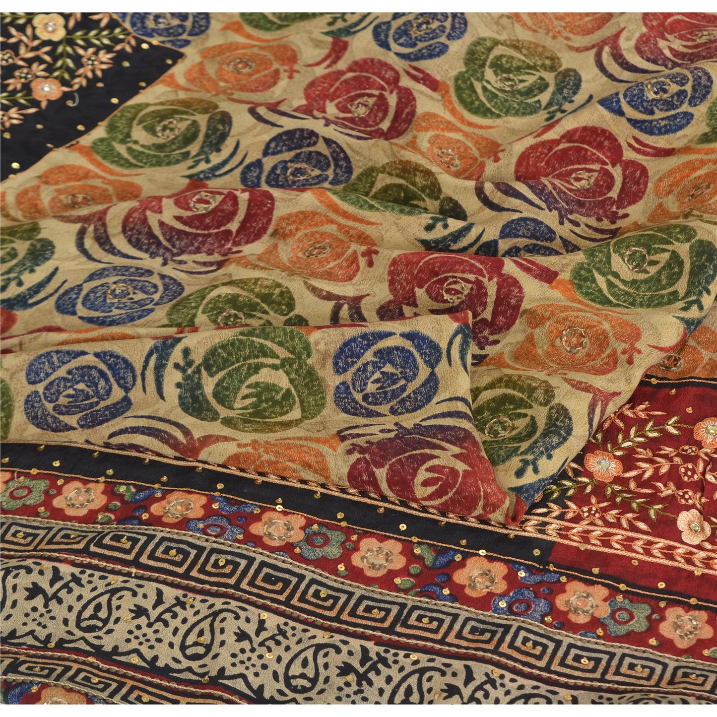 Sanskriti Vintage Sarees Cream Pure Crepe Silk Hand Beaded Printed Sari Sustainable Fabric