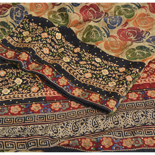 Sanskriti Vintage Sarees Cream Pure Crepe Silk Hand Beaded Printed Sari Sustainable Fabric