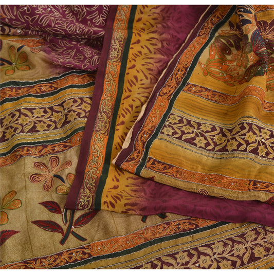 Sanskriti Vintage Sarees Purple Pure Crepe Printed Embroidered Sari 5yd Sustainable Fabric