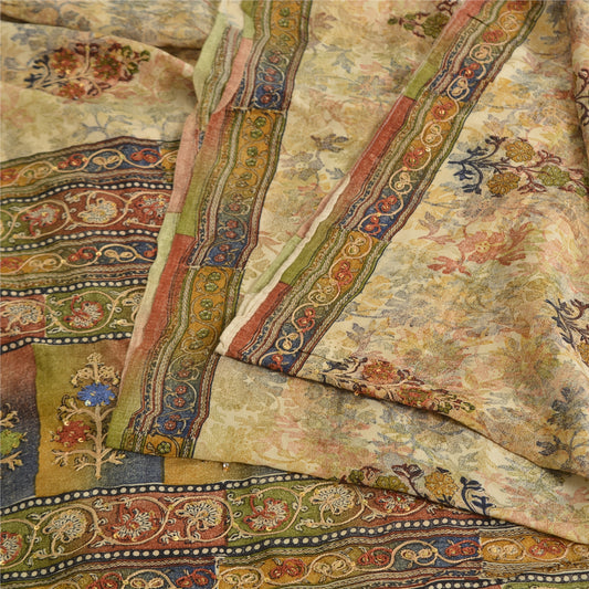 Sanskriti Vintage Sarees Cream Pure Crepe Printed Embroidered Sari 5yd Sustainable Fabric