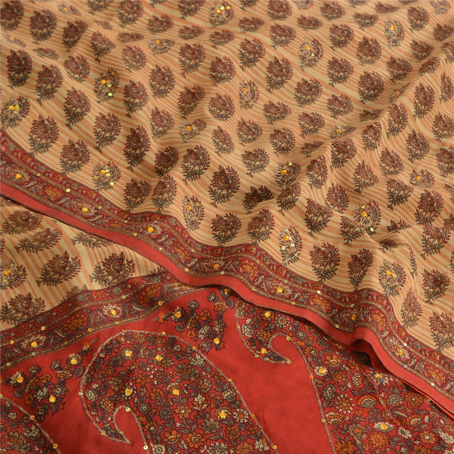 Санскритские винтажные сари бежевый чистый креп ручной работы бисерный узор сари 5 ярдов ткань для рукоделия устойчивая ткань