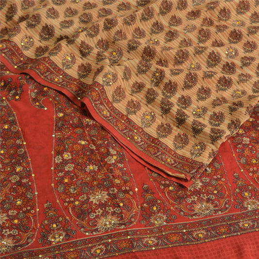 Sanskriti Vintage Sarees Beige Pure Crepe Hand Beads Print Sari 5yd Craft Sustainable Fabric