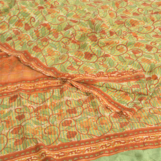 Sanskriti Vintage Sarees Green/Orange Pure Crepe Printed Sari 5yd Craft Sustainable Fabric
