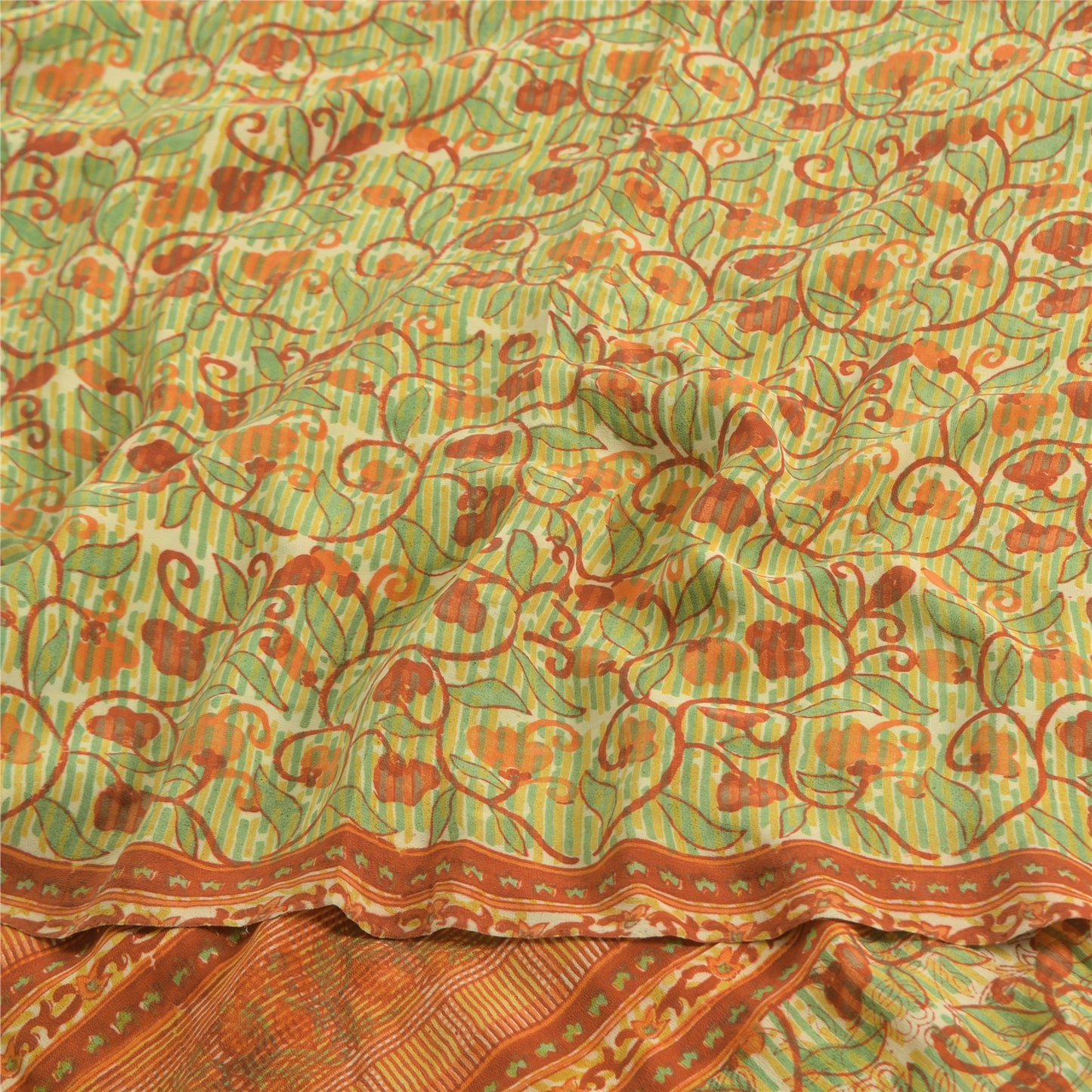 Сари Sanskriti Vintage, зеленое/оранжевое, чистый креп, напечатанное сари, 5 ярдов, ткань для рукоделия, устойчивая к истиранию