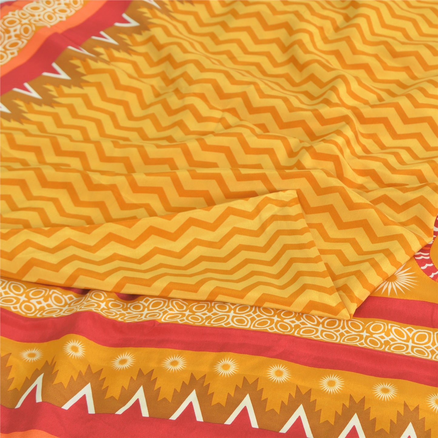 Sanskriti Vintage Sarees Yellow Pure Crepe Silk Printed Sari 5yd Craft Sustainable Fabric