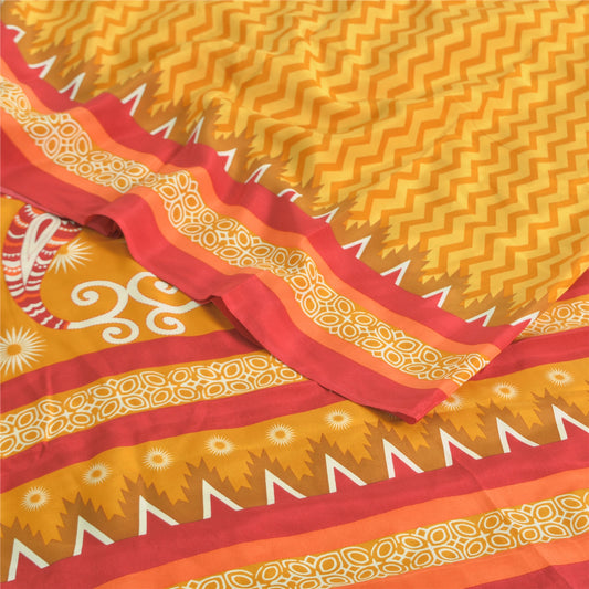 Sanskriti Vintage Sarees Yellow Pure Crepe Silk Printed Sari 5yd Craft Sustainable Fabric