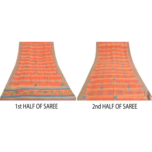 Sanskriti Vintage Sarees Orange/Peach Hand Beaded Pure Crepe Printed Sari Sustainable Fabric