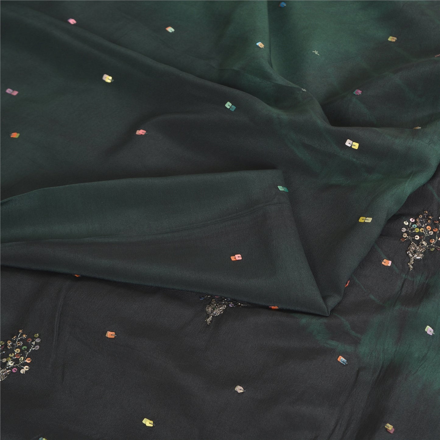 Sanskriti Vintage Sarees Black/Green Tie-Dye Hand Beaded Pure Crepe Sari Fabric